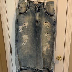 Distressed Light Wash Denim Maxi Skirt by lanca perfume made in Brazil